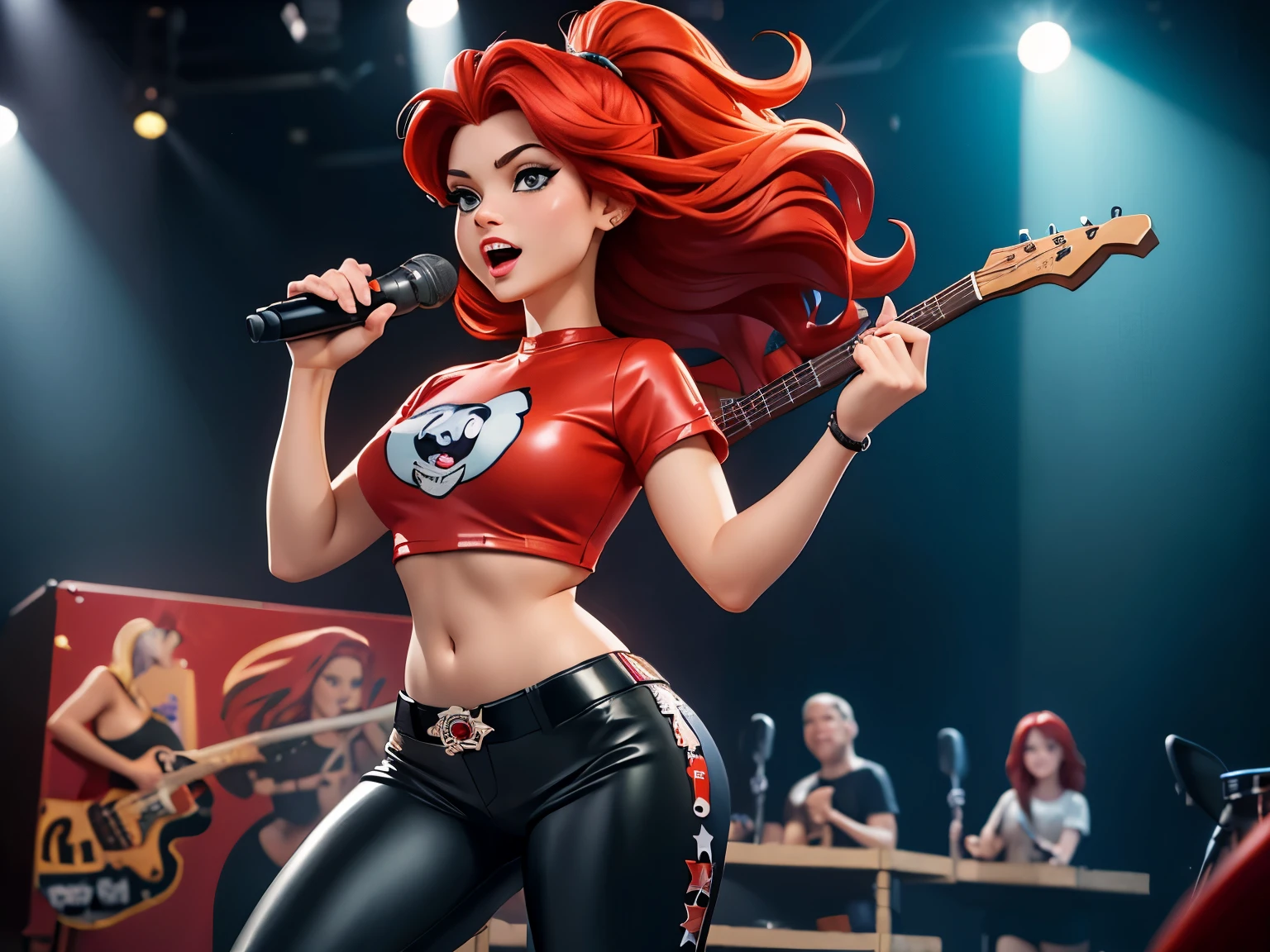 ((best quality)), ((masterpiece)), (detailed), 1girl, Ariel with red hair and a flounder tattoo as a rockstar on stage wearing a Punisher shirt leather pants on stage pov singing 