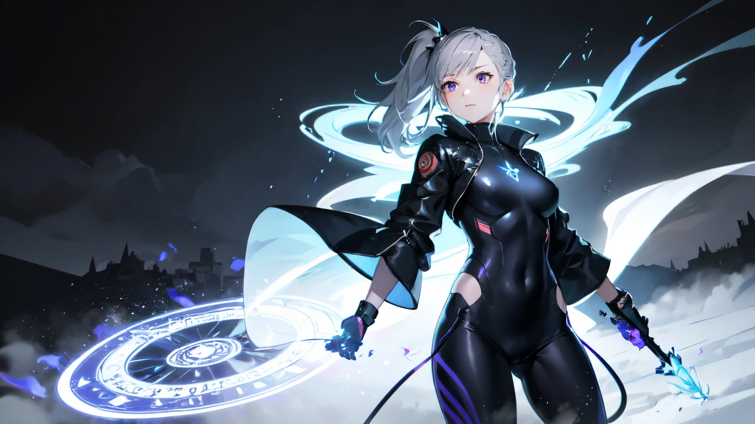 One girl, Black jacket,Black Pants, ponytail ,Gray Hair, Purple eyes, magic circle, Blue Fire, Blue Flame, wallpaper, landscape, fog,rain滴,Town, Depth of written boundary, night, Particles of light, light, Side Lighting, Thighs, destiny \(series\),Torch in hand,cloud,rain,ghost in the Shell