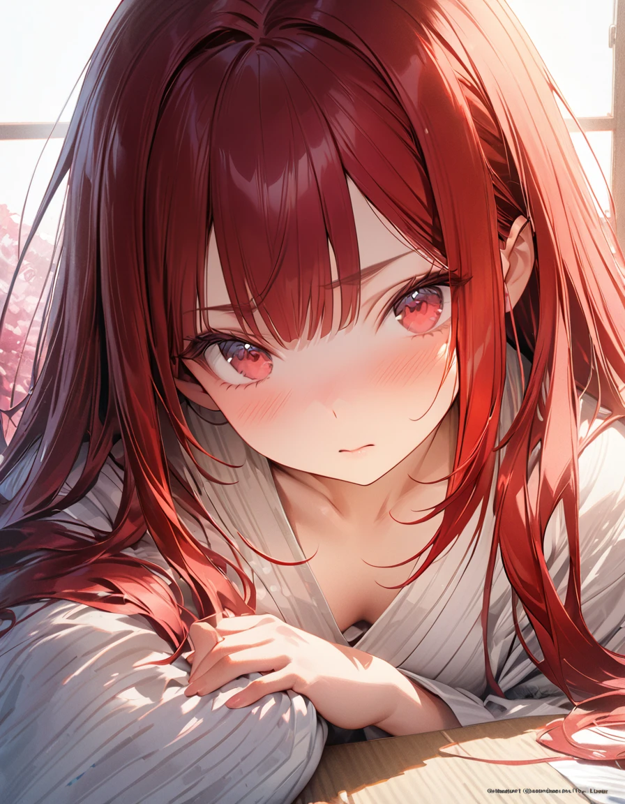 masterpiece Detailed description A woman with very long red hair Japanese-style yukata Embarrassed(Masseter muscle area, high quality, Mysterious, Beautiful and beautiful, Ideal body proportions, Official image art, Impressionism), (Ultra-high resolution, 8k RAW photos, Photorealistic, Natural light, Textile Shading),Perfect Fingers