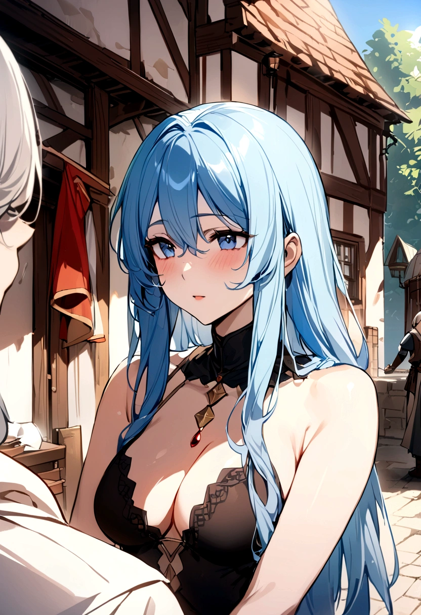 (Medieval Europe:1.2),(best quality,high resolution,masterpiece:1.2),(Stills),(Sunny atmosphere:1.3),Front view,(1 beautiful woman),(A 23-year-old woman with semi-long hair),(Soon,only revealing his upper body:1.0),(big:1.3),(),(Depth of Field),(Outdoor during the day,:1.2),Blue Hair,s eyes,short hair,posture