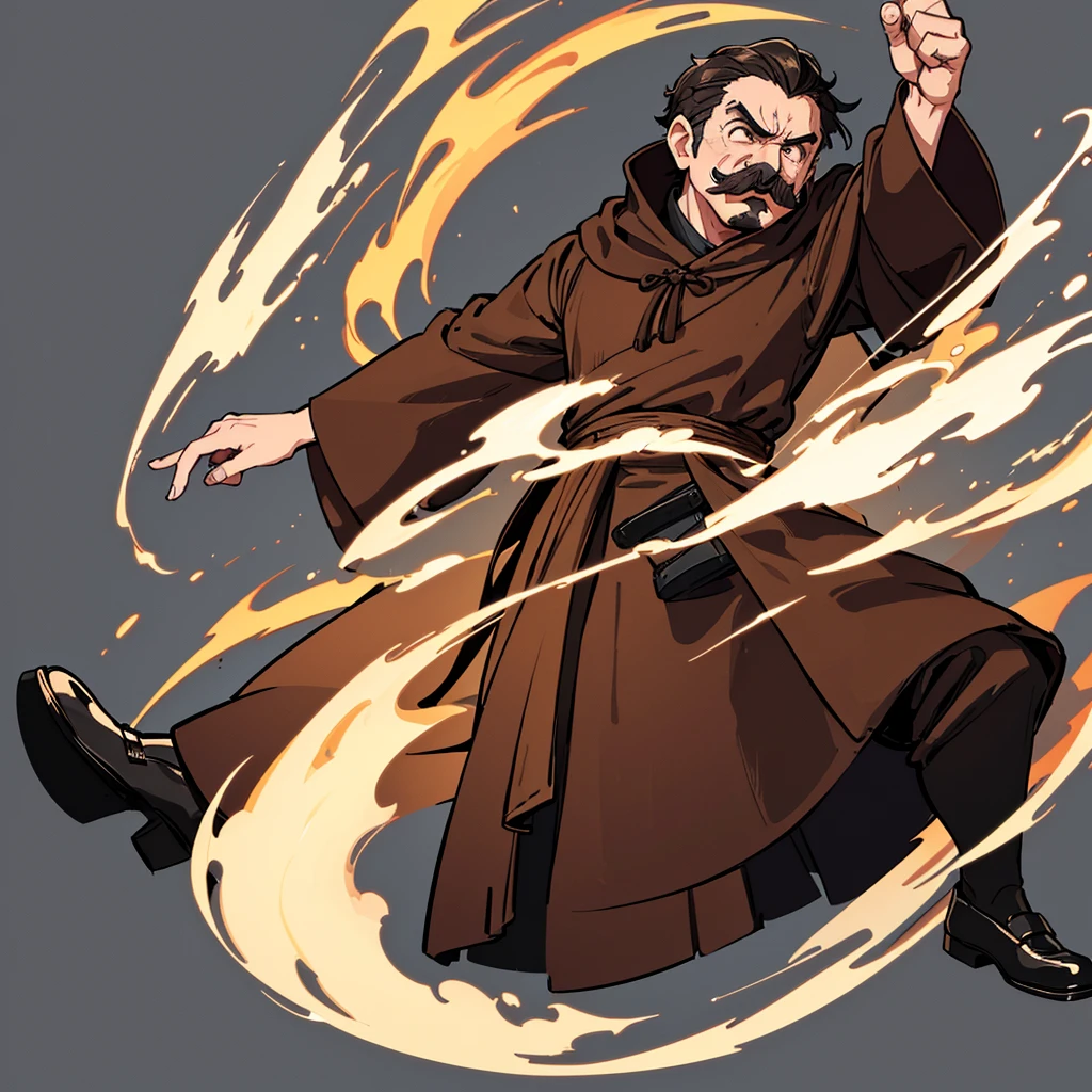 ((((Solo))))、Highest quality, Best Quality,Best illustrations、middle ages、(((Simple brown robe、Black shoes)))、(40-year-old uncle、mature、Kaiser moustache)、(Get angry、Open your mouth)、fight、Wind、Flighting Pose