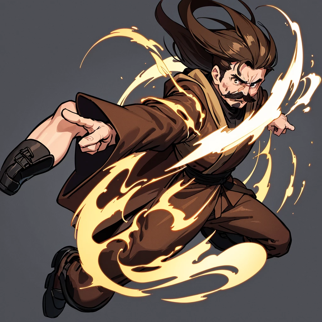 ((((Solo))))、Highest quality, Best Quality,Best illustrations、middle ages、(((Simple brown robe、Black shoes)))、(40-year-old uncle、mature、Kaiser moustache)、(Get angry、Open your mouth)、fight、Wind、Flighting Pose