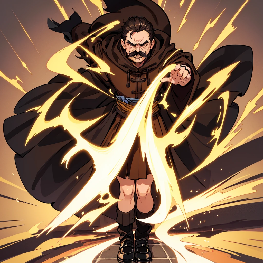 ((((Solo))))、Highest quality, Best Quality,Best illustrations、middle ages、(((Simple brown robe、Black shoes)))、(40-year-old uncle、mature、Kaiser moustache)、(Get angry、Open your mouth)、fight、Wind、Flighting Pose