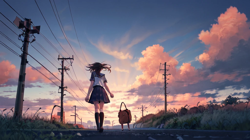 -blues, 1girl, solo, outdoors, cloud, sky, skirt, school uniform, socks, scenery, white socks, sign, grass, shoes, bag, standing, serafuku, kneehighs, from behind, shirt, cloudy sky, road sign, signature, sailor collar, wide shot, sunset, white shirt, utility pole, black skirt, black hair, pleated skirt, brown hair, facing away, short sleeves, power lines