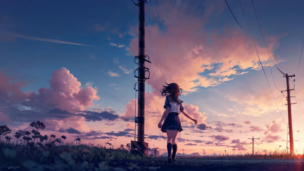 -blues, 1girl, solo, outdoors, cloud, sky, skirt, school uniform, socks, scenery, white socks, sign, grass, shoes, bag, standing, serafuku, kneehighs, from behind, shirt, cloudy sky, road sign, signature, sailor collar, wide shot, sunset, white shirt, utility pole, black skirt, black hair, pleated skirt, brown hair, facing away, short sleeves, power lines