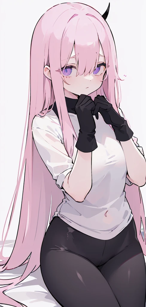 (((Long pink hair))),pinky hair,kawai,(((Eyes visible from bangs,hair over eyes:1.3))),,Huge breasts,(purple color eyes),,(purple slanted eyes),1girl in,bangs,(Sitting pose)) pantyhose,Cowboy Shot,white background,Straight hair hair,(On both sides of the head has sharp black devil horns) ((Standing body pose facing to the right side)) wearing a black shirt (using black gloves) ((head bowed pose)) Ter's hair flows straight down, has two sharp black horns (slant purple eyes) Must wear a black shirt! (The black shirt sleeves are all black fabric. The shirt sleeves are folded up to the elbows.)Wearing black gloves) wearing shiny, tight black pants (Tight black pants shine like rubber) (((Both hands hang down)))(all black fabric) (slim body, hips slightly bent) image according to tag ((Body pose facing to the right side)) Body pose facing to the right side, eyes looking to the right side(Body pose sitting legs hands down)