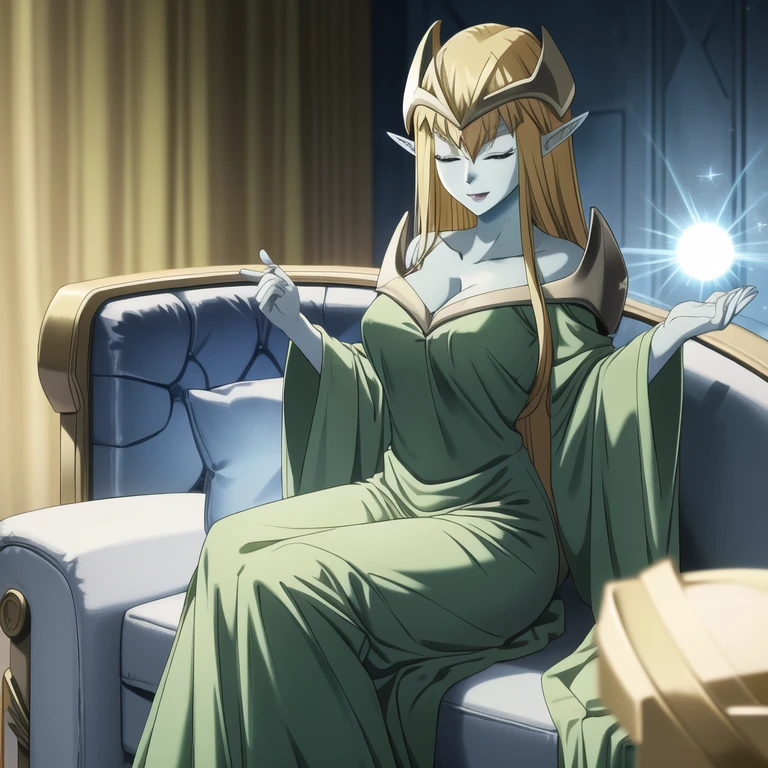mysticalygo, mystical elf, smile, friendly look, medium breasts, eyes closed, green dress, long skirt, large sleeves, blue skin, blonde hair, long hair, Yugioh, couches, sitting, leg pov