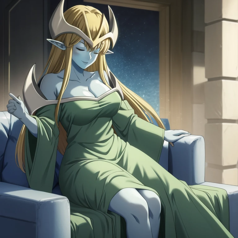 mysticalygo, mystical elf, smile, friendly look, medium breasts, eyes closed, green dress, long skirt, large sleeves, blue skin, blonde hair, long hair, Yugioh, couches, sitting, leg pov