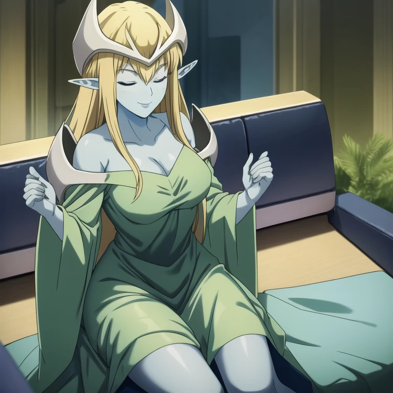 mysticalygo, mystical elf, smile, friendly look, medium breasts, eyes closed, green dress, long skirt, large sleeves, blue skin, blonde hair, long hair, Yugioh, couches, sitting, leg pov