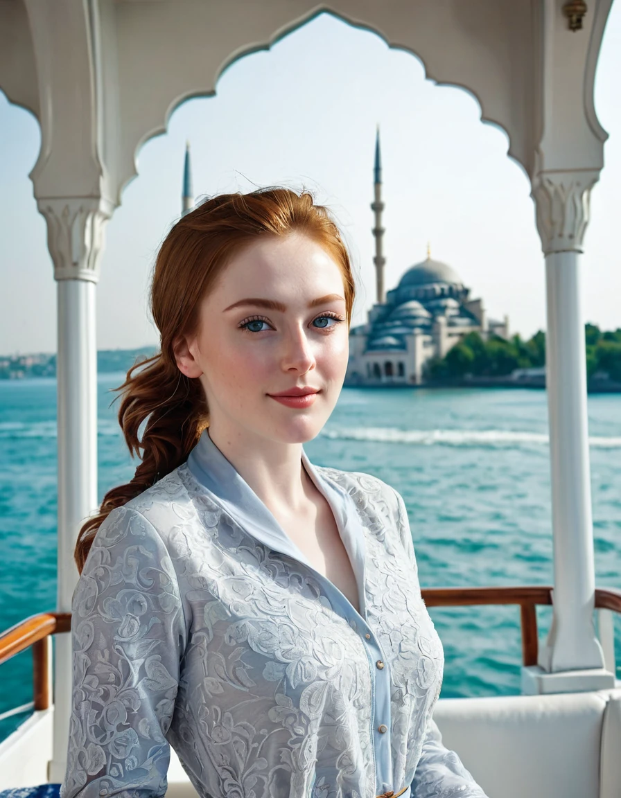 photography full body portrait of very beautiful realistic girl, on a boat in Bosphorus strait, porcelain skin, very fair skin, very pale skin, redhead, wavy, ponytail, very detail skin texture, hazel eyes, slanted eyes, small nose, small nostril, think curved eyebrow, thick bottom lip, seductive gaze, happy face, unique face, wear casual dress and head scarf, detail photo, realistic photo, master piece picture, sharp picture, outdoor clear daylight, Blue Mosque background