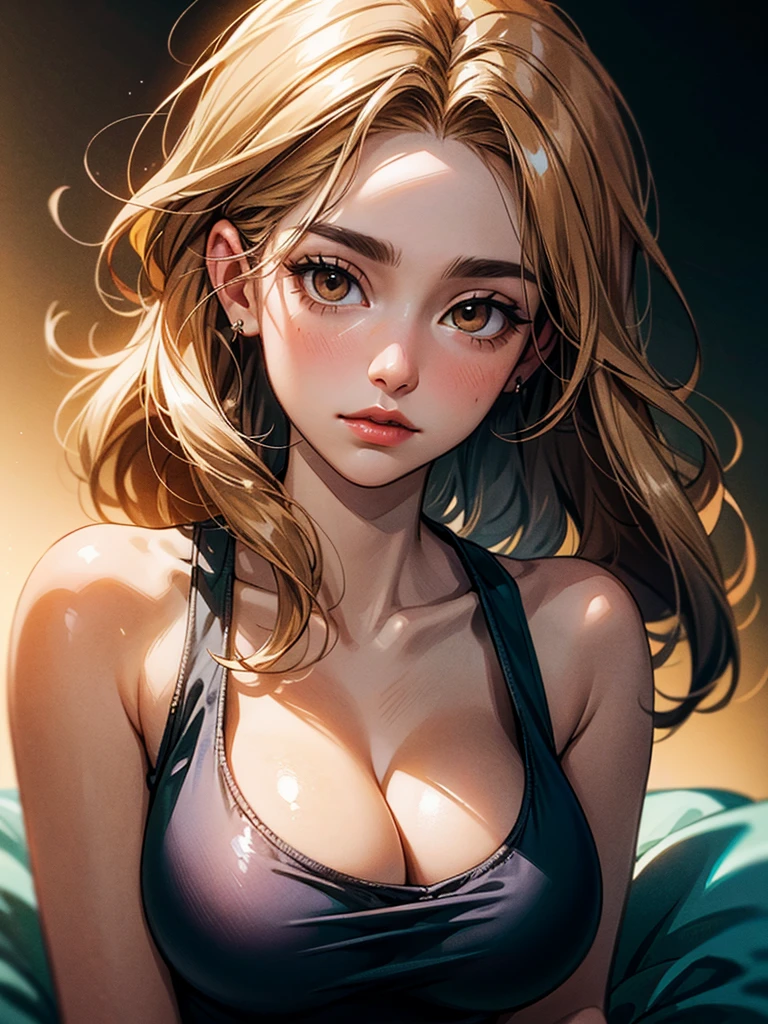 portrait, elegant mature woman, brown eyes, long straight hair, swept-side bang, [[brown hair]], blonde hair, big breast, tank top, high resolution 8k, beautiful cg
, sultry look, seductive,
