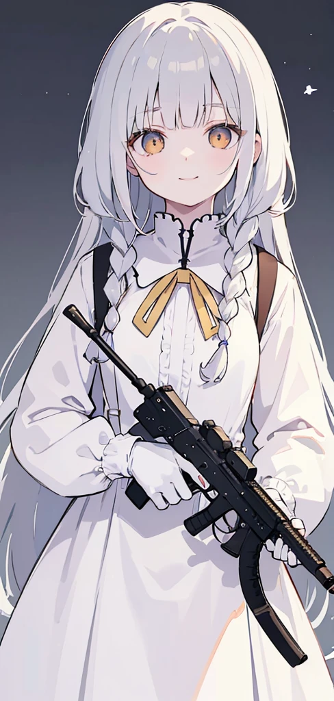 of the highest quality, High image quality, masutepiece, Gray hair, Golden Eyes, White clothes, Looking Up, Upper body, Hair strands, Fair skin, side braids, Smiling, Double-toothed、odd eye、Have an assault rifle、arrogant look、flat breast