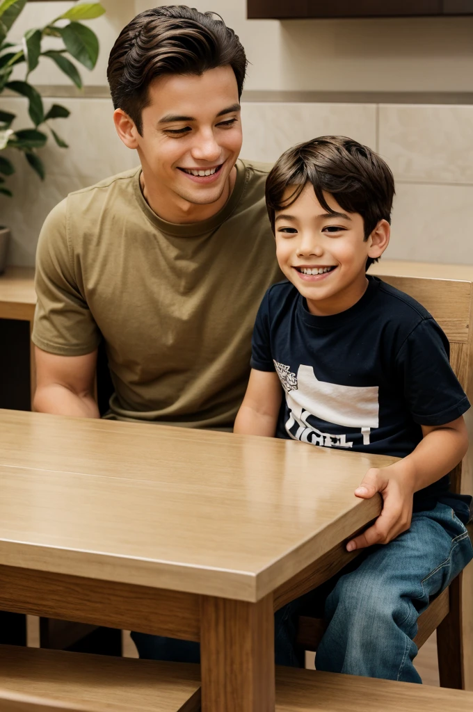 A mom with his boy at the dining table talking and the boy smile