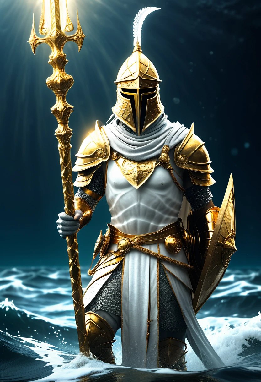 Atlantean warriors, Hedra, emerges as a luminary from the depths of the ocean. He is carrying a white sceptre, a golden sceptre, a golden key for access to the astral plane of infinity.  4k highly detailed cinematic moody dark souls cinematic photo. golden ratio intricate details. hyperdetail.  --ar 21:9