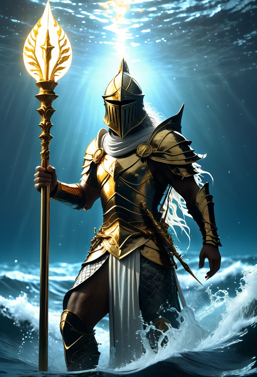 Atlantean warriors, Hedra, emerges as a luminary from the depths of the ocean. He is carrying a white sceptre, a golden sceptre, a golden key for access to the astral plane of infinity.  4k highly detailed cinematic moody dark souls cinematic photo. golden ratio intricate details. hyperdetail.  --ar 21:9