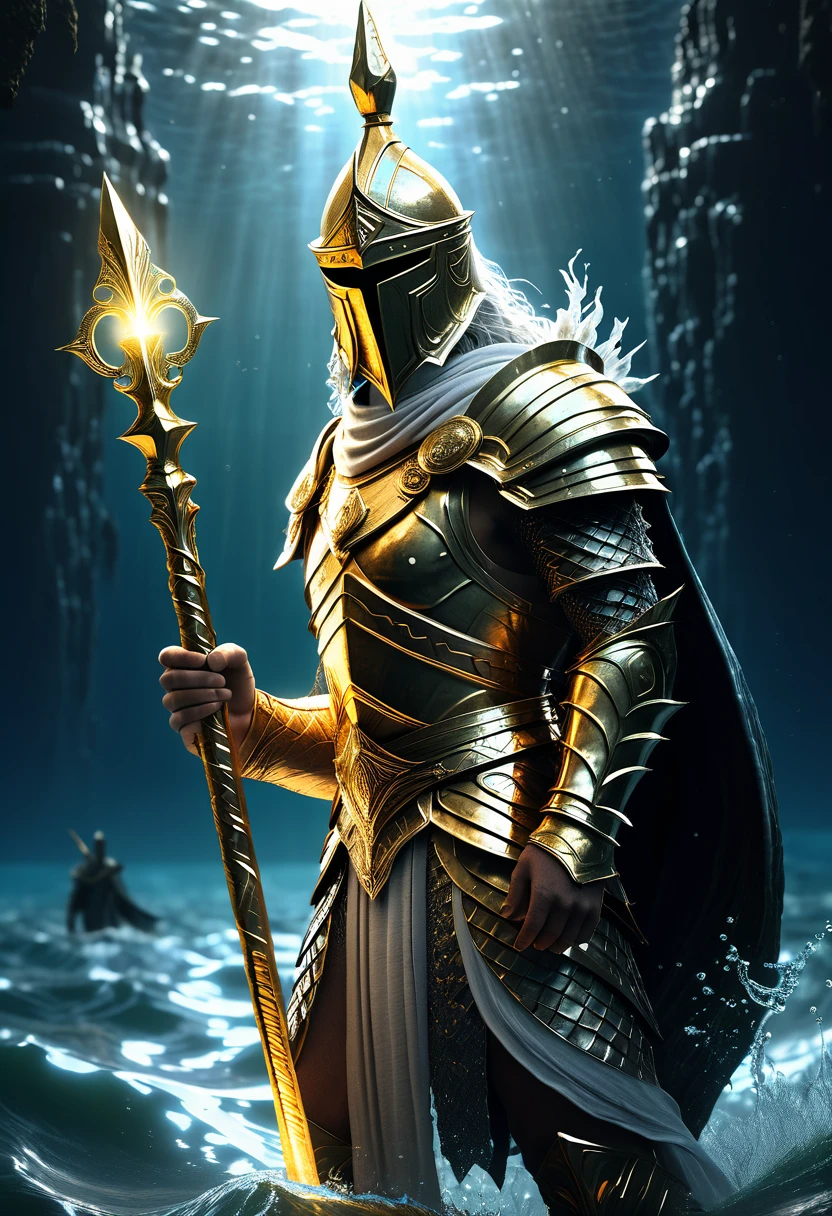 Atlantean warriors, Hedra, emerges as a luminary from the depths of the ocean. He is carrying a white sceptre, a golden sceptre, a golden key for access to the astral plane of infinity.  4k highly detailed cinematic moody dark souls cinematic photo. golden ratio intricate details. hyperdetail.  --ar 21:9