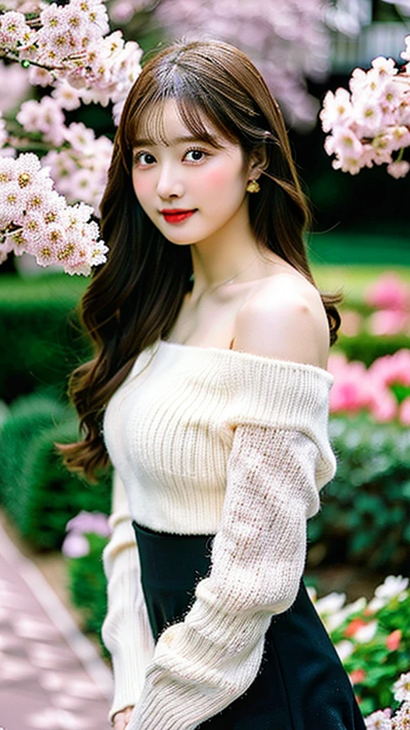 highest quality,masterpiece,One female、brown hair、curly hair、dense lips、white cardigan、off shoulder、black skirt、high heels、garden、pool、cherry blossoms、sunlight,anaglyph effect,ultra high resolution,Highly detailed official Unity 8K wallpaper,ultra high resolution,super high quality,