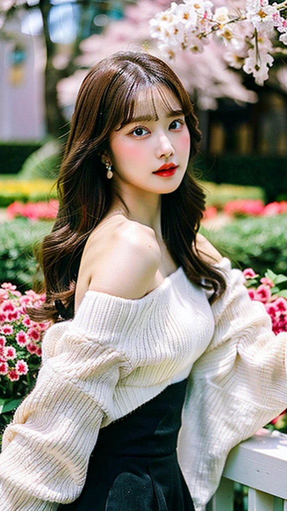 highest quality,masterpiece,One female、brown hair、curly hair、dense lips、white cardigan、off shoulder、black skirt、high heels、garden、pool、cherry blossoms、sunlight,anaglyph effect,ultra high resolution,Highly detailed official Unity 8K wallpaper,ultra high resolution,super high quality,