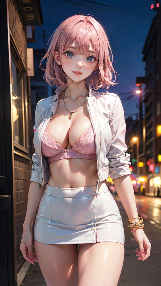 (Masterpiece, BestQuality:1.3), (ultra detailed:1.2), (hyperrealistic:1.3), (RAW photo:1.2), High detail RAW color photo, professional photograph, (Photorealistic:1.4), (realistic:1.4), (Pink Hair:1.5), professional lighting, perfect anatomy, (Big Breasts:1.2), (blush, detailed face), (cheerful Smile:1.5), Trending Hair&Trending Hairカラーをランダムに, earrings, necklace, bracelet, sexly, erotic sexly, Random sexy gravure poses, (Sexy woman in a white leather jacket and mini skirt。Illuminated by the city&#39;s street lights、Leaning against the wall with a provocative smile。: 1.3)
