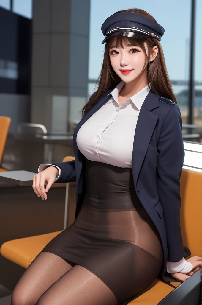 1lady solo, stewardess, (stewardess uniform) (garrison cap), mature female, /(brown hair/) bangs, blush kind smile, (masterpiece best quality:1.2) ultra-detailed, large breasts pantyhose BREAK /(airport lounge/) indoors
