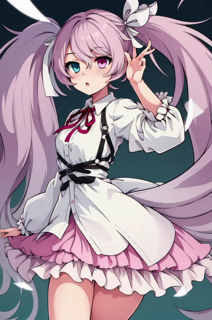 masterpiece, best quality, highres, nigomiku, heterochromia, aqua eyes, pink eyes, white skirt, pose random, pose random, :o, 