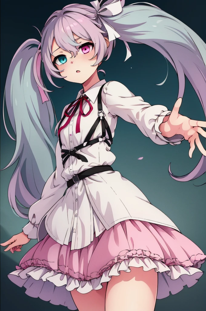 masterpiece, best quality, highres, nigomiku, heterochromia, aqua eyes, pink eyes, white skirt, pose random, pose random, :o, 