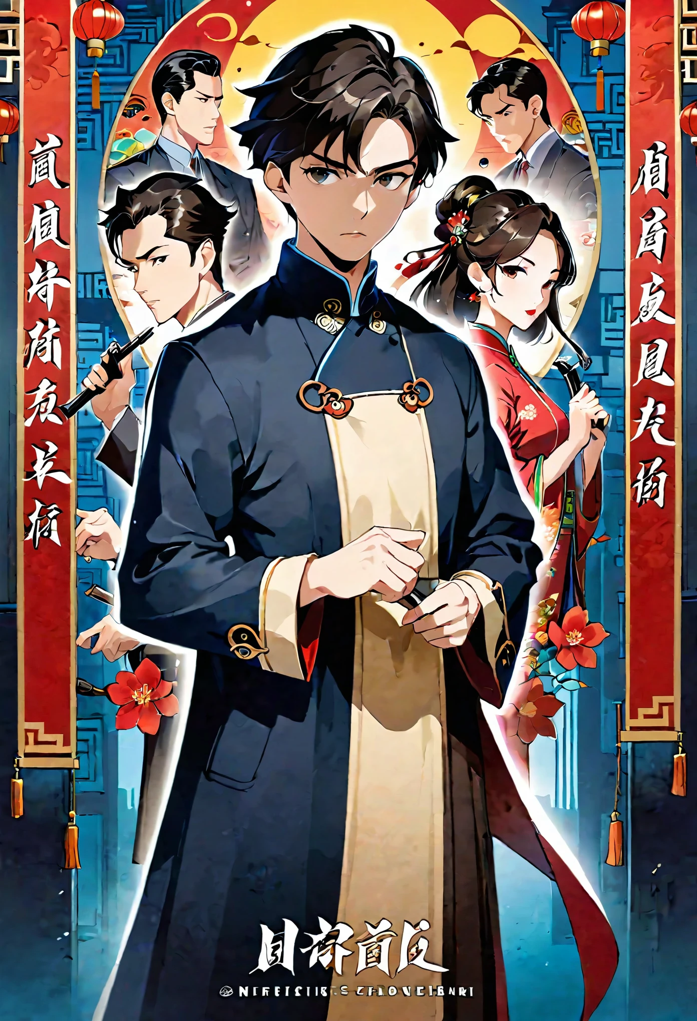 movie poster, highres, top quality, best quality, paid reward available, unparalleled masterpiece, perfect artwork, absurdres, High-quality illustrations, super high resolution, detailed background, perfect anatomy(1boy, detective, 1woman in Chinese dress)Crime mystery,