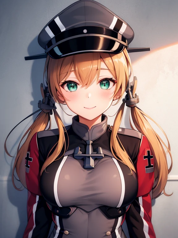 (masterpiece, best quality:1.2),illustration,8k,hd,1girl,solo,upper body,(portrait:1.2),hat,blonde hair,twintails,uniform,gloves,hair ornament,military uniform,anchor hair ornament,peaked cap,white gloves,low twintails,iron cross,breasts,smile,long sleeves,military hat,long hair,green eyes,aqua eyes,microskirt,black thighhighs,black skirt,pleated skirt,