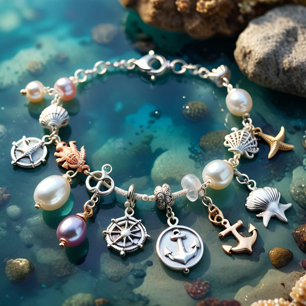 A shiny silver bracelet, on the wrist, (marine-themed charms:1.5), pearls, transparent colorful beads, delicate thin chain, (best quality, 4k, 8k, highres, masterpiece:1.2), ultra-detailed, (realistic, photorealistic, photo-realistic:1.37), intricate jewelry design, exquisite craftsmanship, shimmering metallic, ocean-inspired, iridescent pearls, vibrant hues, delicate filigree, elegant accessory, feminine aesthetics, close-up, detailed texture, soft focus, warm lighting