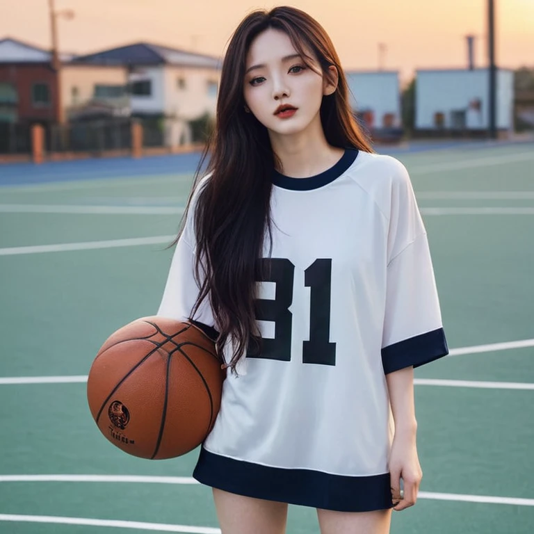 Pretty baddie, Korean, pale skin, long messy hair, oversized basketball jersey, golden hour body, beautiful