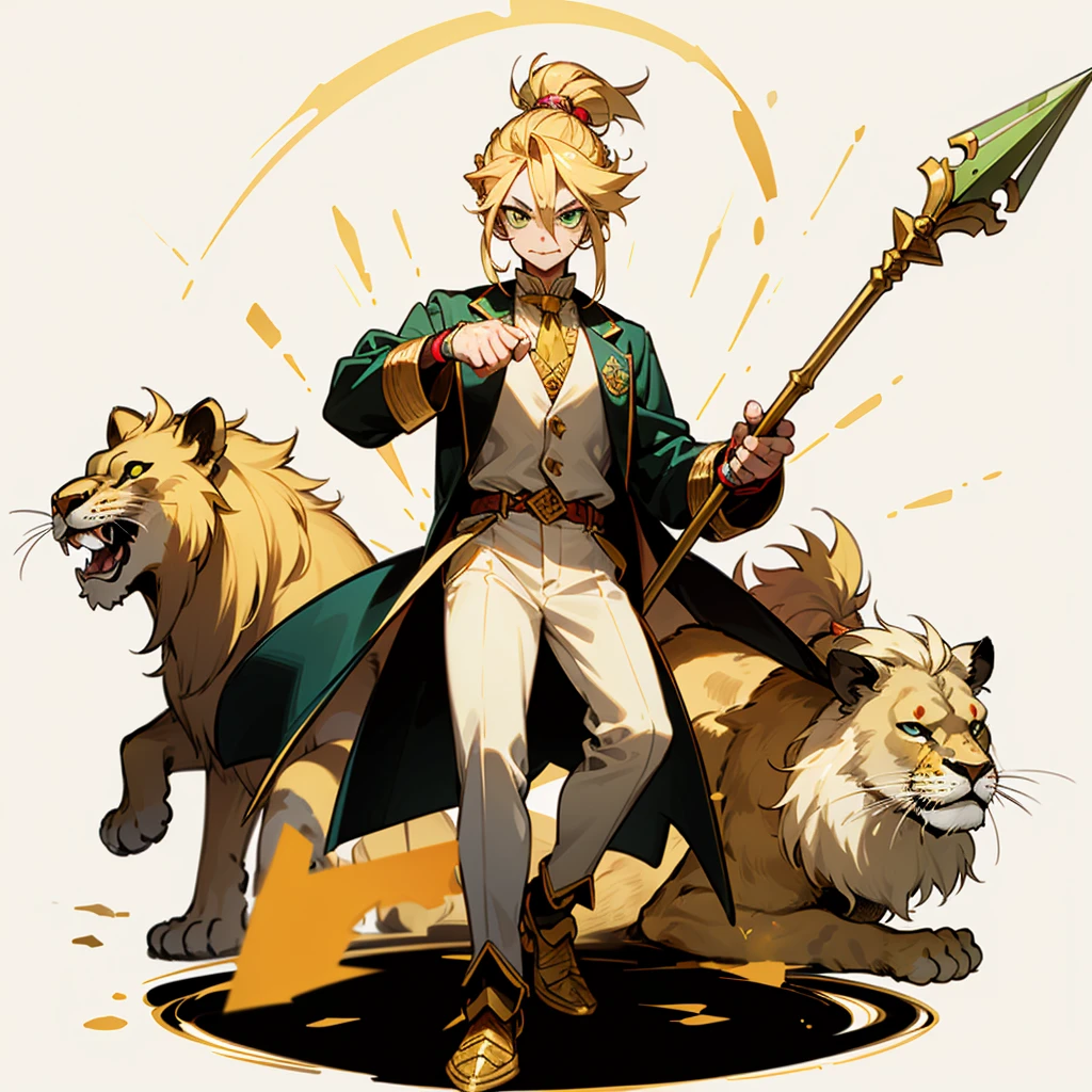 Random evolution, circuit clown, mascot, goblin man, (full body version), (1Man), (Clown make up on face), green eyes, blonde colour hair, man bun hairstyle, ((golden spear weapon in hand)), (There are 2 large lions on the left and right), Grassroots