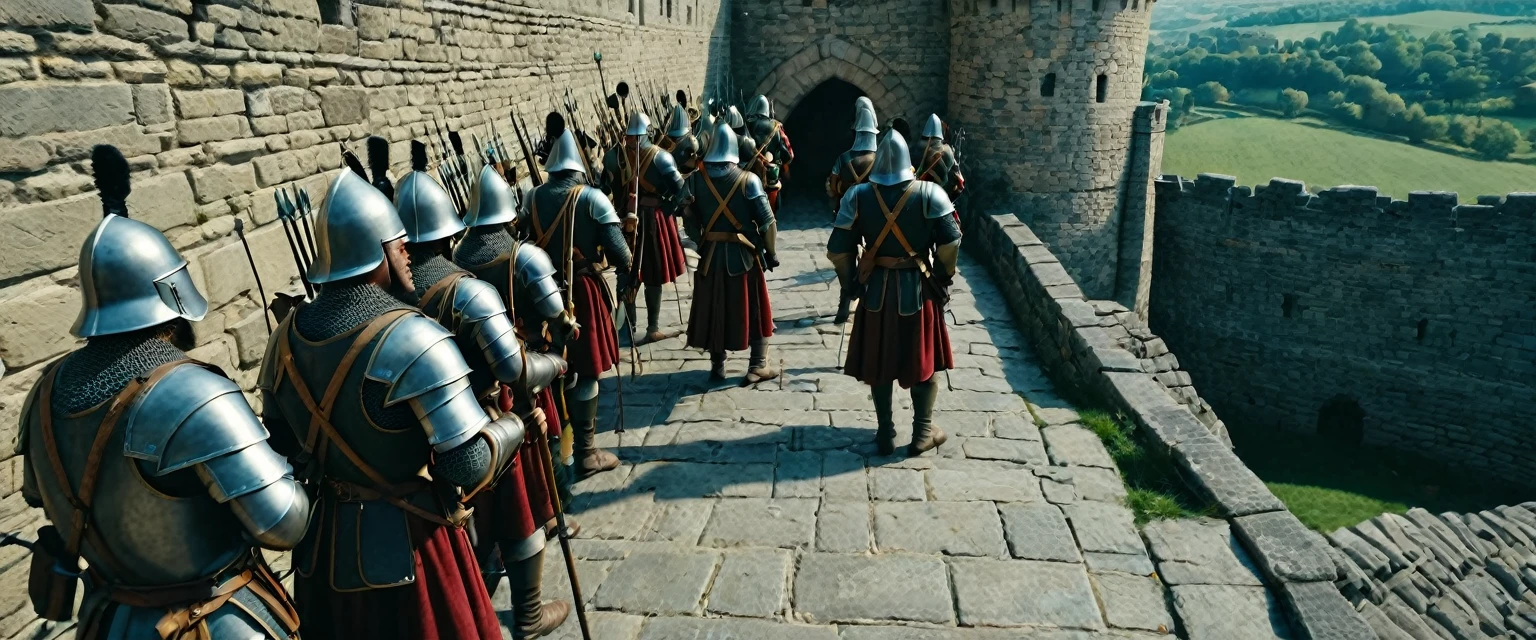 score_9, score_8_up, score_7_up, source_photo, photography, photorealistic, detailed, cinematic angle, rating safe, from below, Wide shot, Medieval soldiers on the ramparts with bows at the ready, masterpiece, best quality, 8k,