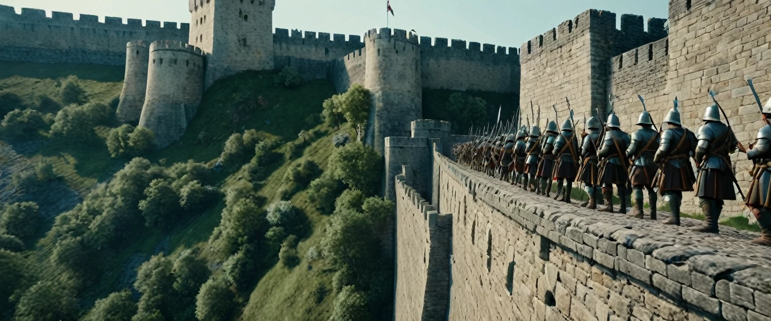 score_9, score_8_up, score_7_up, source_photo, photography, photorealistic, detailed, cinematic angle, rating safe, from below, Wide shot, Medieval soldiers on the ramparts with bows at the ready, masterpiece, best quality, 8k,