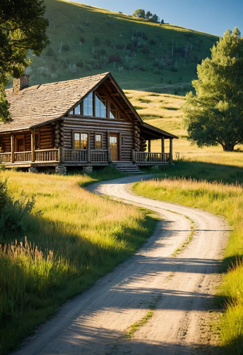 A rustic log cabin, nestled amidst rolling hills and a sprawling meadow, evokes a sense of peaceful solitude. The sun casts long shadows across the dusty road, leading the eye towards the warmth and comfort of the cabin's welcoming porch.