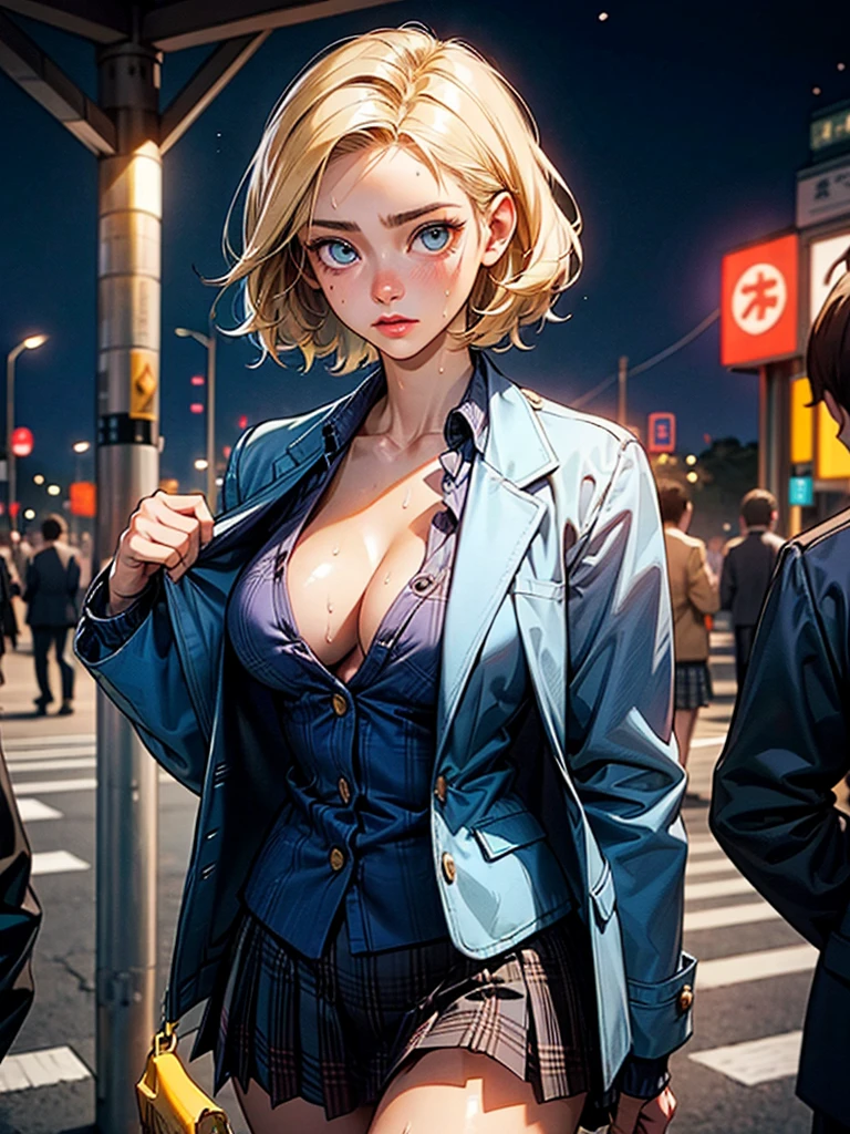 ((perfect anatomy:1.2,realistic:1.3,RAW Photography:1.3,masterpiece、highest quality、Ultra - High resolution、High resolution、Highly detailed CG、8K)),cowboy shot,1 female,solo,18-year-old、High school girl beautiful girl, Japanese,((beautiful detailed face and eyes:1.2,big gorgeous eyes:1.3,)),blonde hair,short hair,(center parted hair:1.4,forehead),large breasts,slender body,small head:1.3,skinny,(brown skin:1.3),(oily skin,gleaming skin,shiny skin,sweat),(school uniform、Dark blue blazer jacket、plaid pleated mini skirt),Shibuya Station、on street,neon、at night、Tokyo、large breasts, cleavage, blonde hair
, sultry look, seductive,