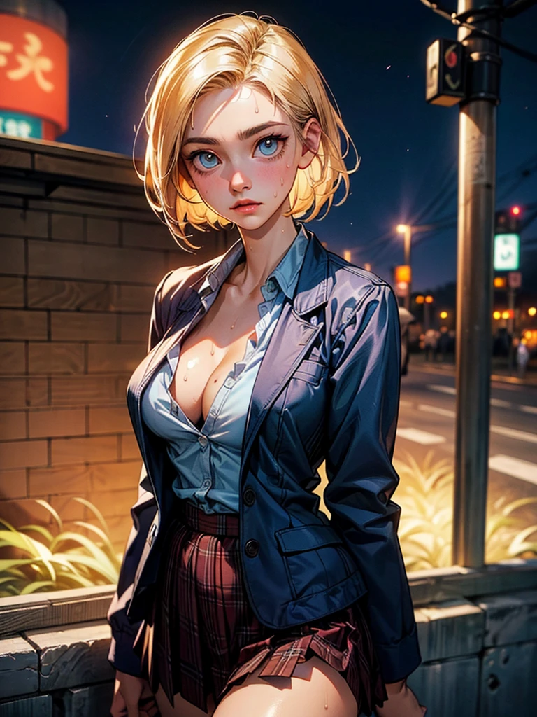 ((perfect anatomy:1.2,realistic:1.3,RAW Photography:1.3,masterpiece、highest quality、Ultra - High resolution、High resolution、Highly detailed CG、8K)),cowboy shot,1 female,solo,18-year-old、High school girl beautiful girl, Japanese,((beautiful detailed face and eyes:1.2,big gorgeous eyes:1.3,)),blonde hair,short hair,(center parted hair:1.4,forehead),large breasts,slender body,small head:1.3,skinny,(brown skin:1.3),(oily skin,gleaming skin,shiny skin,sweat),(school uniform、Dark blue blazer jacket、plaid pleated mini skirt),Shibuya Station、on street,neon、at night、Tokyo、large breasts, cleavage, blonde hair
, sultry look, seductive,