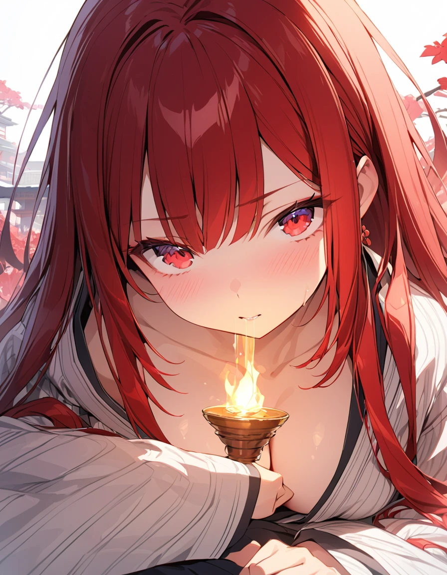 masterpiece Detailed description A woman with very long red hair Japanese-style yukata Her cleavage is tantalizingly revealed