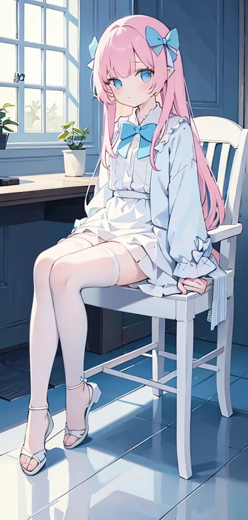 one-girl, Blue gradient clothes, white  skirt, White skin, naked leg, The barefoot, Blue and pink hair, long whitr hair, Bow knot, Big blue eyes, Delicate facial featureessy room, book, a chair, desks, window, dolls, janelas, Anime style, Chiaroscuro, Cinematic lighting, color difference, hyper HD, ccurate, Super detail, High details, White slim stockings，Light blue high-heeled strappy sandals