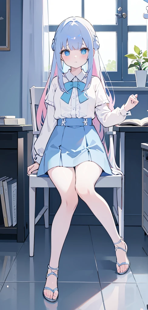 one-girl, Blue gradient clothes, white skirt, White skin, naked leg, The barefoot, Blue and pink hair, long whitr hair, Bow knot, Big blue eyes, Delicate facial featureessy room, book, a chair, desks, window, dolls, janelas, Anime style, Chiaroscuro, Cinematic lighting, color difference, hyper HD, ccurate, Super detail, High details, White slim stockings,Light blue high-heeled strappy sandals