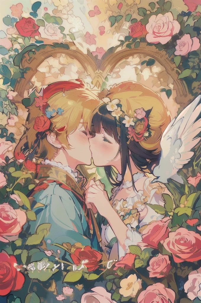anime couple kissing in a garden with roses and a bird, peasant boy and girl first kiss, artwork in the style of guweiz, alphonse mucha and rossdraws, guweiz, korean art nouveau anime, kissing together cutely, a beautiful artwork illustration, lovely kiss, guweiz on pixiv artstation, beautiful anime artwork, official fanart