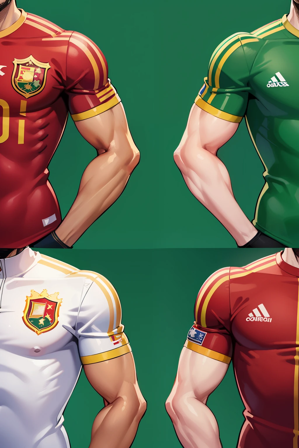 Please create a masterpiece, of the best quality, featuring four retro football jerseys for the Portugal, Spain, Italy, and Germany national teams during the 2024 European Cup. The jersey brand, OUPOWER, will have its logo emblazoned prominently on the left chest of each jersey --s2. The Portugal jersey should showcase a vibrant red, with accents of bright green and yellow, representing the national flag. The Spain jersey, evoking the rich history of the nation, could have a bold yellow base with red stripes, reminiscent of the Matador's cape. The Italy jersey may feature a classic blue with a green and red stri