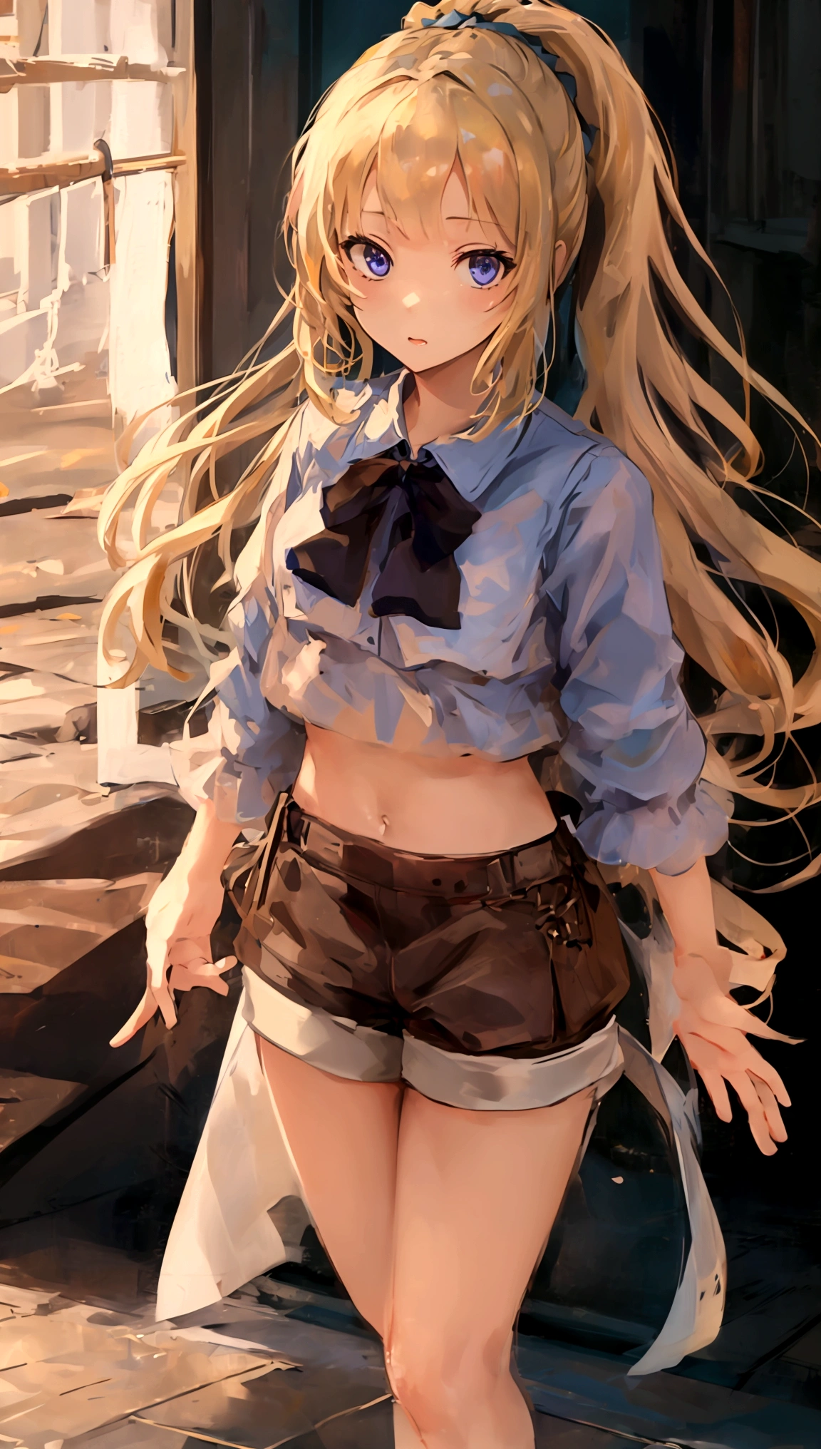 masterpiece、top-quality、hight resolution)、 Real life adaption for this character, Masterpiece, high quality, best lighting, cinematic, 1girl, long hair, blonde hair, ponytail, crop top, underboob, cowboy shot, ((mini short pants)), (perfect body), (((big thigh))), looking at viewer, standing, pool