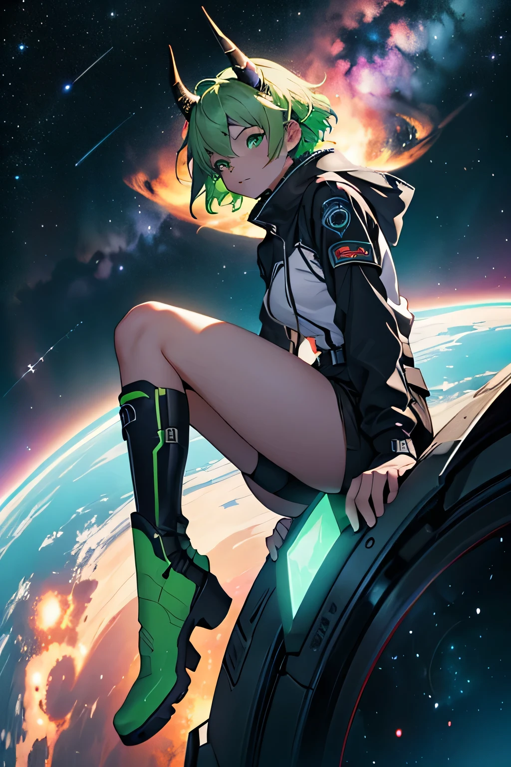 Female, short green hair, green eyes, cosmic green, black boots, 1 horn on head, detail, nebulae in a full sky with a person in front of it, cover 40% of the picture, trying to understend the universe. the person need to be focused and the universe disfocused, main colors are blue and white