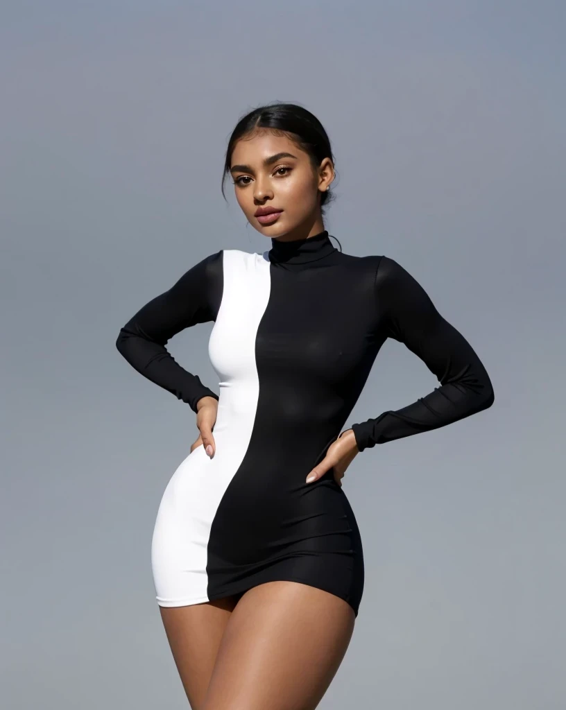 (((Super tightest minidress))), (Beautiful  girl, Yara Shahidi, KIKI Layne, Kylie Jenner, Maitreyi Ramakrishnan, young Jessica Alba), Wearing tight white and black cotton-Lycra-fabric long sleeve mini dress, round breasts, slim waist, big hips, beautiful soft thighs, beautiful legs,(HDR, 8K, vivid, vibrant, detailed: 1.4), (hyper realistic, movie graphics)