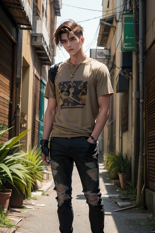 Anime guy, 21 years old, cyberpunk, neutral expression, with brown hair parted in the middle, shoulder length brown hair on right side of face, buzzed undercut, yellow eyes, greenish clay grey T-shirt, skinny biker jeans, gold cross necklace, standing in an old plant covered abandoned city  streets