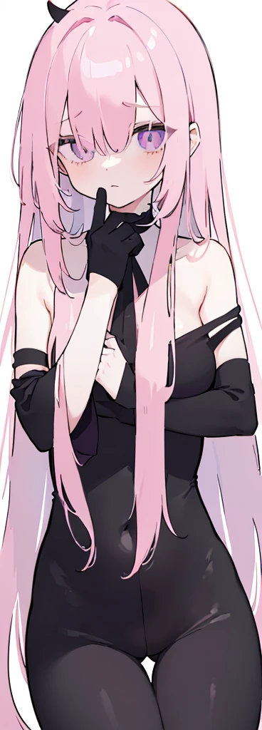 (((Long pink hair))),pinky hair,kawai,(((Eyes visible from bangs,hair over eyes:1.3))),,Huge breasts,(purple color eyes),,(purple slanted eyes),1girl in,bangs,(Sitting pose)) pantyhose,Cowboy Shot,white background,Straight hair hair,(On both sides of the head has sharp black devil horns) ((Standing body pose facing to the right side)) wearing a black shirt (using black gloves) ((head bowed pose)) Ter's hair flows straight down, has two sharp black horns (slant purple eyes) Must wear a black shirt! (The black shirt sleeves are all black fabric. The shirt sleeves are folded up to the elbows.)Wearing black gloves) wearing shiny, tight black pants (Tight black pants shine like rubber) (((Both hands hang down)))(all black fabric) (slim body, hips slightly bent) image according to tag ((Body pose facing to the right side)) Body pose facing to the right side, eyes looking to the right side(Body pose sitting legs hands down)