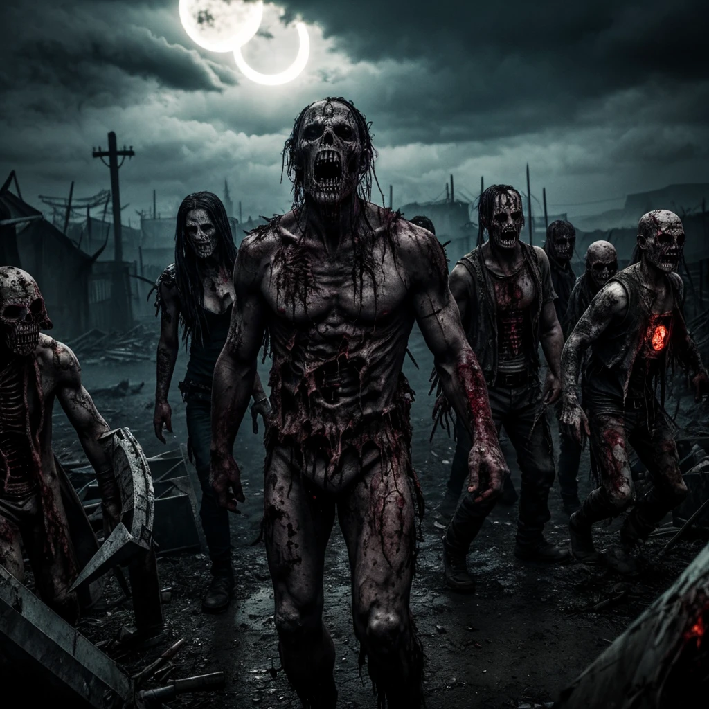 a horde of zombies, solar eclipse, post-apocalyptic, cinematic lighting, dramatic shadows, horror, dark fantasy, highly detailed, 8k, photorealistic, dramatic pose, eerie atmosphere, gritty, moody, ominous clouds, haunting, unsettling, visceral, gruesome, intense, grim, dystopian, nightmarish, supernatural, menacing, fear, dread, undead, inhuman, decaying flesh, sunken eyes, rotting skin, sharp teeth, clawed hands, tattered clothes, monstrous, ghastly, chilling, morbid, ominous, harrowing, vivid, striking