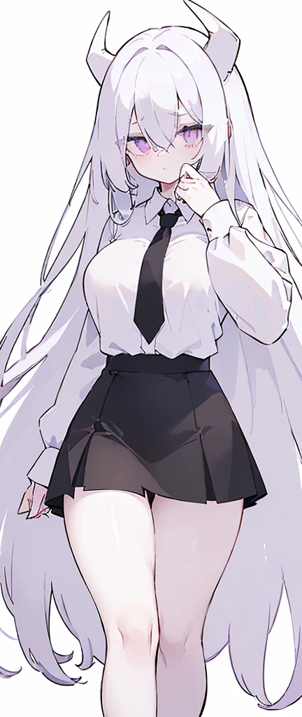 (((Long White hair))),White hair,kawai,(((Eyes visible from bangs,hair over eyes:1.3))),,Huge breasts,(purple color eyes),,(purple slanted eyes),1girl in,bangs,long White hair, pantyhose,Cowboy Shot,white background,Straight hair hair,(On both sides of the head has sharp black devil horns) ((head bowed pose)) Ter's hair flows straight down, has two sharp black horns (slant purple eyes) (((wearing a perfect white shirt))) white shirt sleeves should be folded to the elbows ((Don't wear any ties (wear a long black skirt, both sides of the skirt are split The other two sides of the skirt are split (showing her bare thighs) Long black skirt split at the thighs, perfect white shirt, no accessories like a tie (sexy body) Bare thighs without wearing any socks, The character's body is visible from head to ankle, ((Tall slim perfect body)) (tight black skirt)