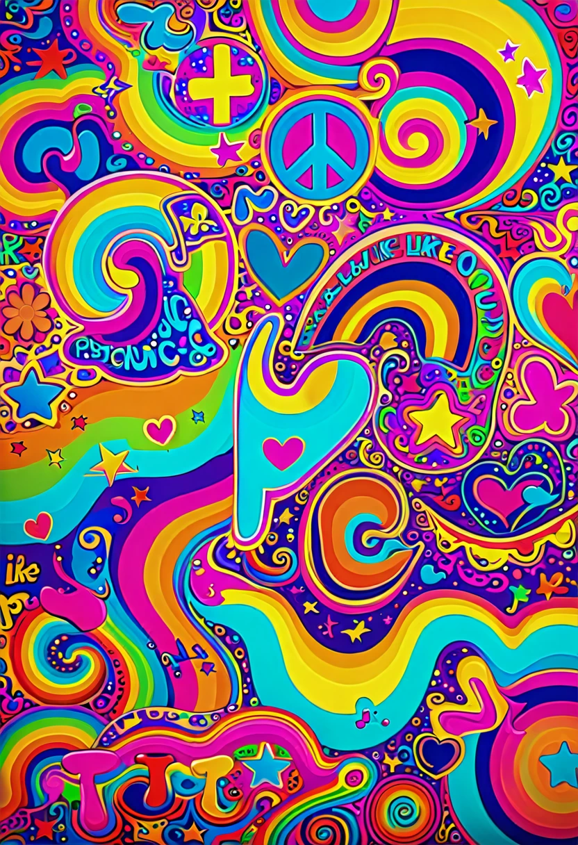 Colorful peace pattern, like, and music symbols, peace and like, like peace and unity, Hippie pattern, hippie, Whimsical and psychedelic, 70s psychedelic style, Colorful graffiti art, Psychedelic color theme, Amazing background, 60s Kitsch and Psychedelia, lisa frank style