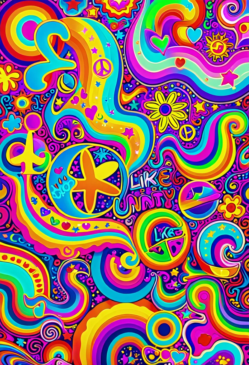 Colorful peace pattern, like, and music symbols, peace and like, like peace and unity, Hippie pattern, hippie, Whimsical and psychedelic, 70s psychedelic style, Colorful graffiti art, Psychedelic color theme, Amazing background, 60s Kitsch and Psychedelia, lisa frank style